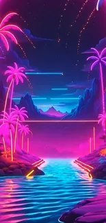 Neon tropical paradise with palm trees and mountains in vibrant colors.