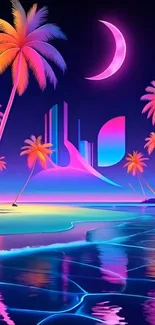 Neon tropical paradise with palm trees and moon.
