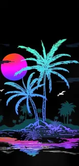 Neon tropical scene with palms and moon over water.