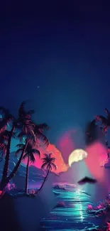 Neon tropical sunset with palm trees and a glowing moon.