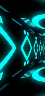 Abstract neon tunnel wallpaper with glowing turquoise patterns.