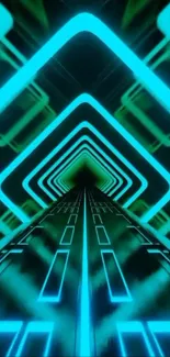 Immersive neon tunnel abstract wallpaper in vibrant teal colors.