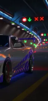 Car speeding through a neon-lit tunnel in an urban night scene.