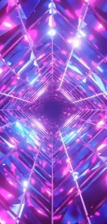 Vibrant neon tunnel with geometric design in pink and blue hues.