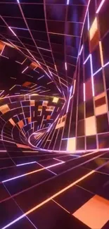 Vibrant neon tunnel with glowing geometric patterns.