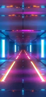 Futuristic neon tunnel with glowing pink and blue lights.