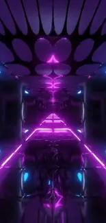 Futuristic neon tunnel with glowing pink and blue lights.