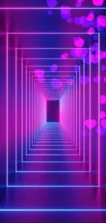 Neon tunnel wallpaper with pink glowing hearts.