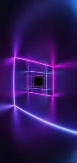 Neon tunnel with vibrant blue and purple lights creating a futuristic effect.