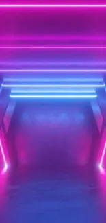 Vibrant neon tunnel wallpaper with pink and blue glowing lights.