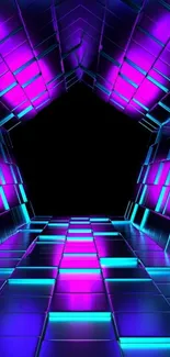 Neon tunnel wallpaper with purple and blue tiles, futuristic design.