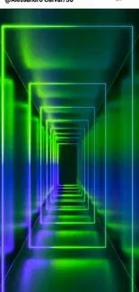 Vivid neon green and blue tunnel with optical illusion effect.