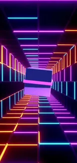 Vibrant neon tunnel wallpaper with 3D geometric design.