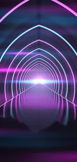 Vibrant neon tunnel with reflections and glowing geometric lines.