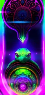 Neon cosmic turtle with vibrant colors and patterns mobile wallpaper.