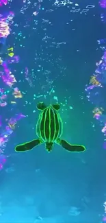 A neon green turtle swims through vibrant coral underwater.