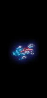 Neon UFO with cosmic design on black background.