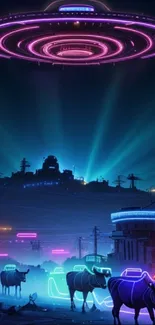 Surreal neon cityscape with UFO glowing above futuristic streets.