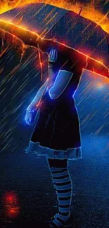 Neon umbrella in futuristic rain, blue and orange glow.