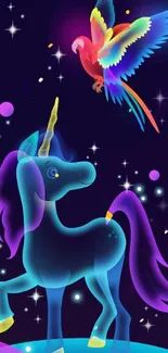 Neon unicorn and parrot with starry night backdrop.