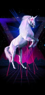 Neon unicorn digital art with cosmic background.