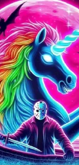 Vibrant neon unicorn with masked figure in fantasy art style.