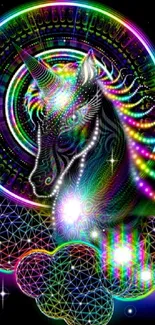 Neon unicorn in a fantasy setting with geometric patterns and colorful lights.