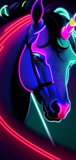 Colorful neon unicorn on dark background with vibrant hues.