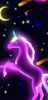 Purple neon unicorn with celestial background.