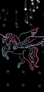 Neon unicorn against a black background with stars.