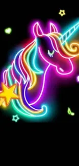 Vibrant neon unicorn with star wand on a black background.