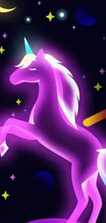 Colorful neon unicorn under starry night sky, vibrant and magical design.