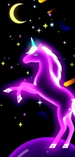 Neon unicorn in cosmic setting with stars and planets.