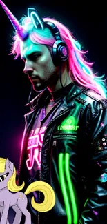 Neon unicorn urban wallpaper with vibrant colors and futuristic style.