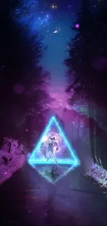 Neon figure walking through magical forest with cosmic sky.