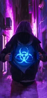 Hooded figure in neon-lit alley with biohazard symbol.