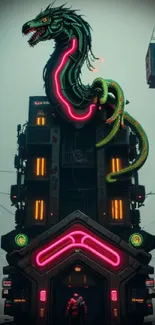 Neon dragon atop urban building in cyberpunk city.