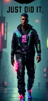 Futuristic neon cityscape with stylish figure walking.