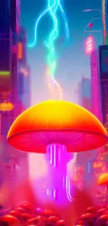 Neon mushrooms illuminate a vibrant cityscape in futuristic digital art.