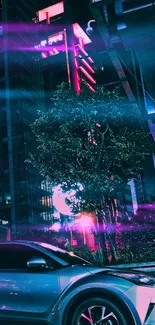 Neon-lit urban nightscape with car and skyscrapers.