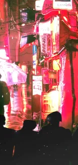 Neon-lit urban alley with silhouettes and glowing signs.