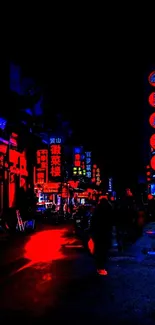 Neon-lit urban street with vibrant red and blue lights.