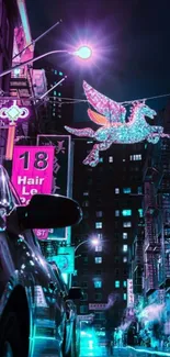 Neon-lit urban street with Pegasus art and vivid colors.