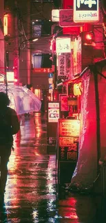 Neon-lit urban alleyway during rain with vibrant lights.