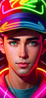 Neon-lit portrait art on vibrant wallpaper.