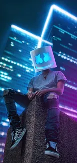 Futuristic figure with neon lights in cityscape wallpaper.