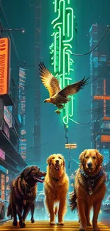 Three dogs and an eagle in a neon-lit city at night.