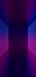 Neon light corridor with vibrant purple and blue hues creating an abstract design.