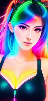 Anime girl with neon rainbow hair and glowing headphones.