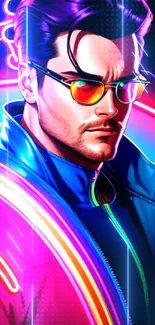 Stylish man with neon lights and sunglasses in vibrant colors.